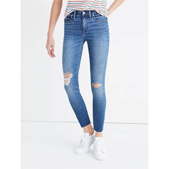 Madewell 9" High-Rise Skinny Crop Blue Jeans Cutoff Hem Distressed Knee, Size 24 - Picture 2 of 11
